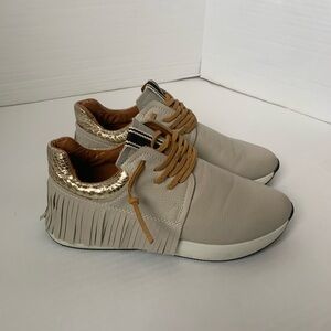 ShuShop Beige and Gold Fringe Sneakers